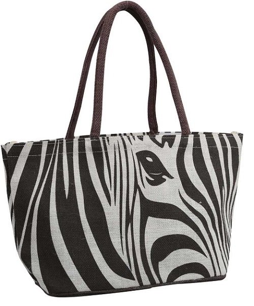 Zebra printed jute beach tote bags